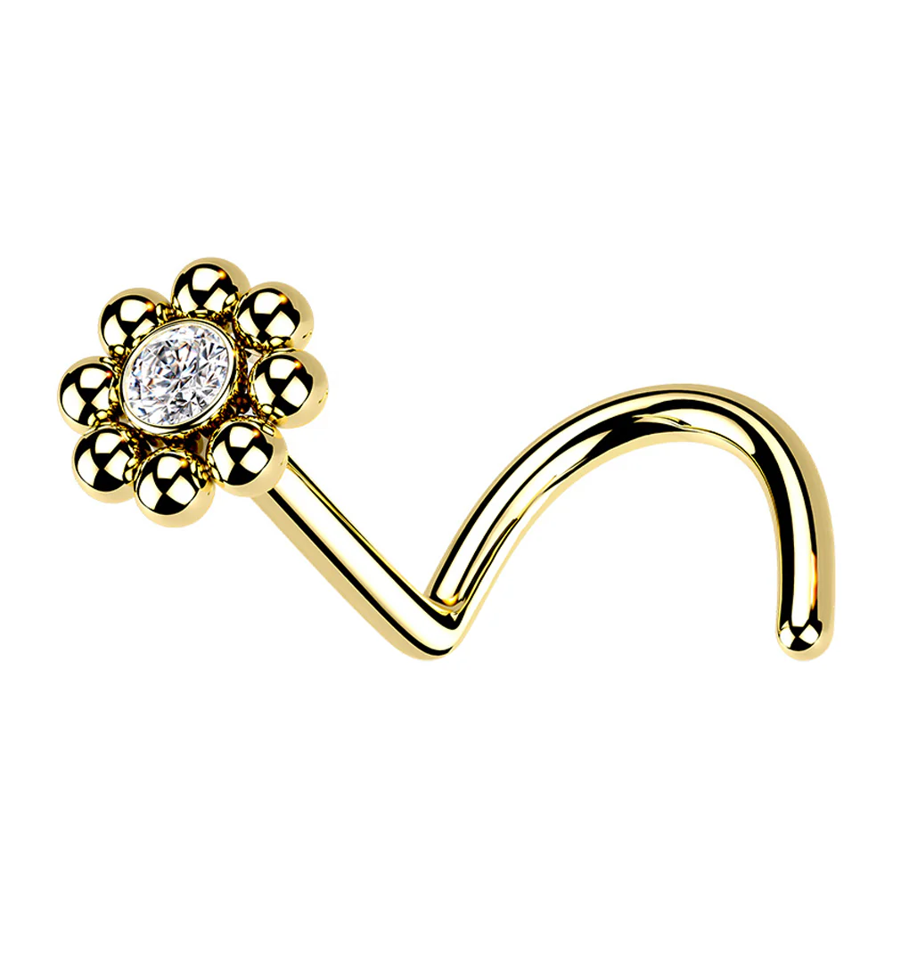 Gold PVD Beaded Flower CZ Nose Screw Ring - Mrs Treak