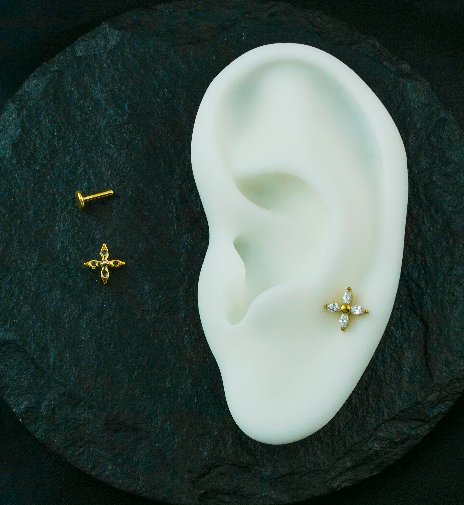 Gold PVD Tetrad Marquise Clear CZ Internally Threaded Titanium Labret - Mrs Treak