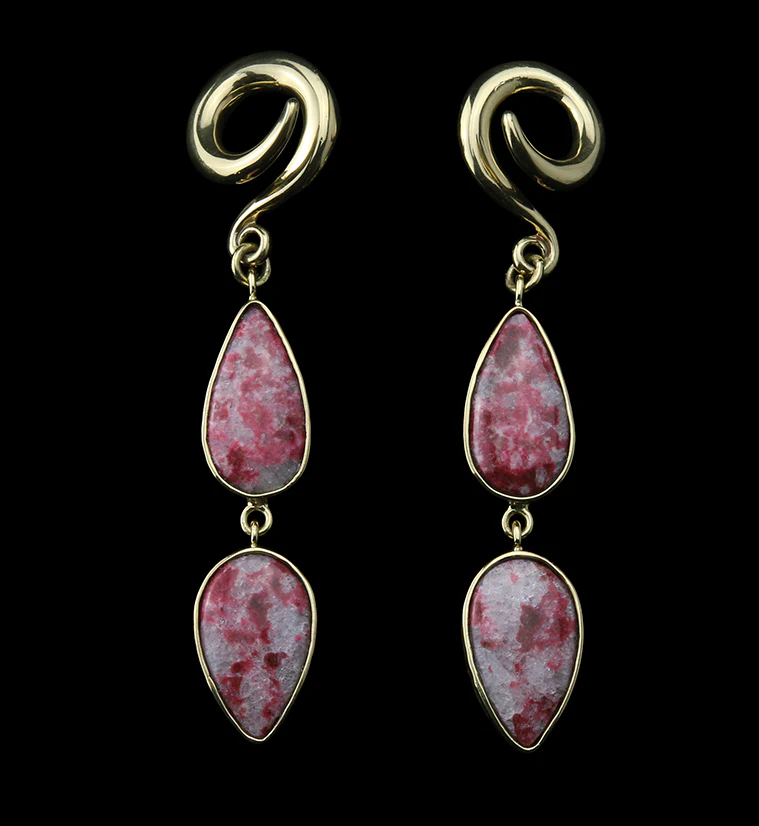 Double Pink Agate Stone Brass Ear Weights Version 5 - Mrs Treak