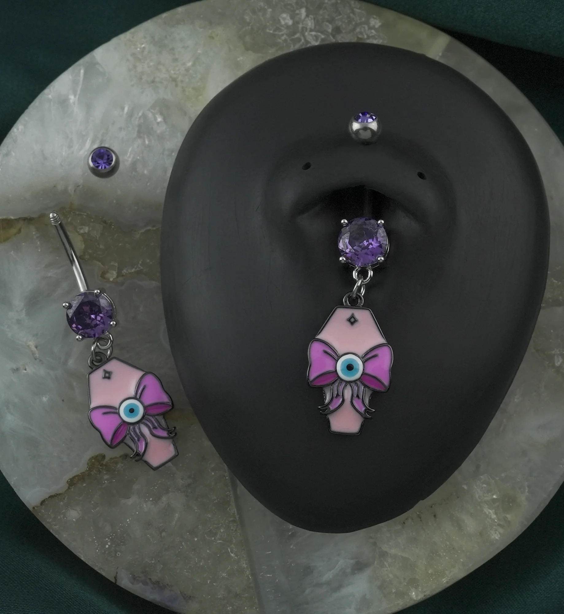 Eyeball Bow Coffin Tanzanite CZ Stainless Steel Belly Button Ring - Mrs Treak