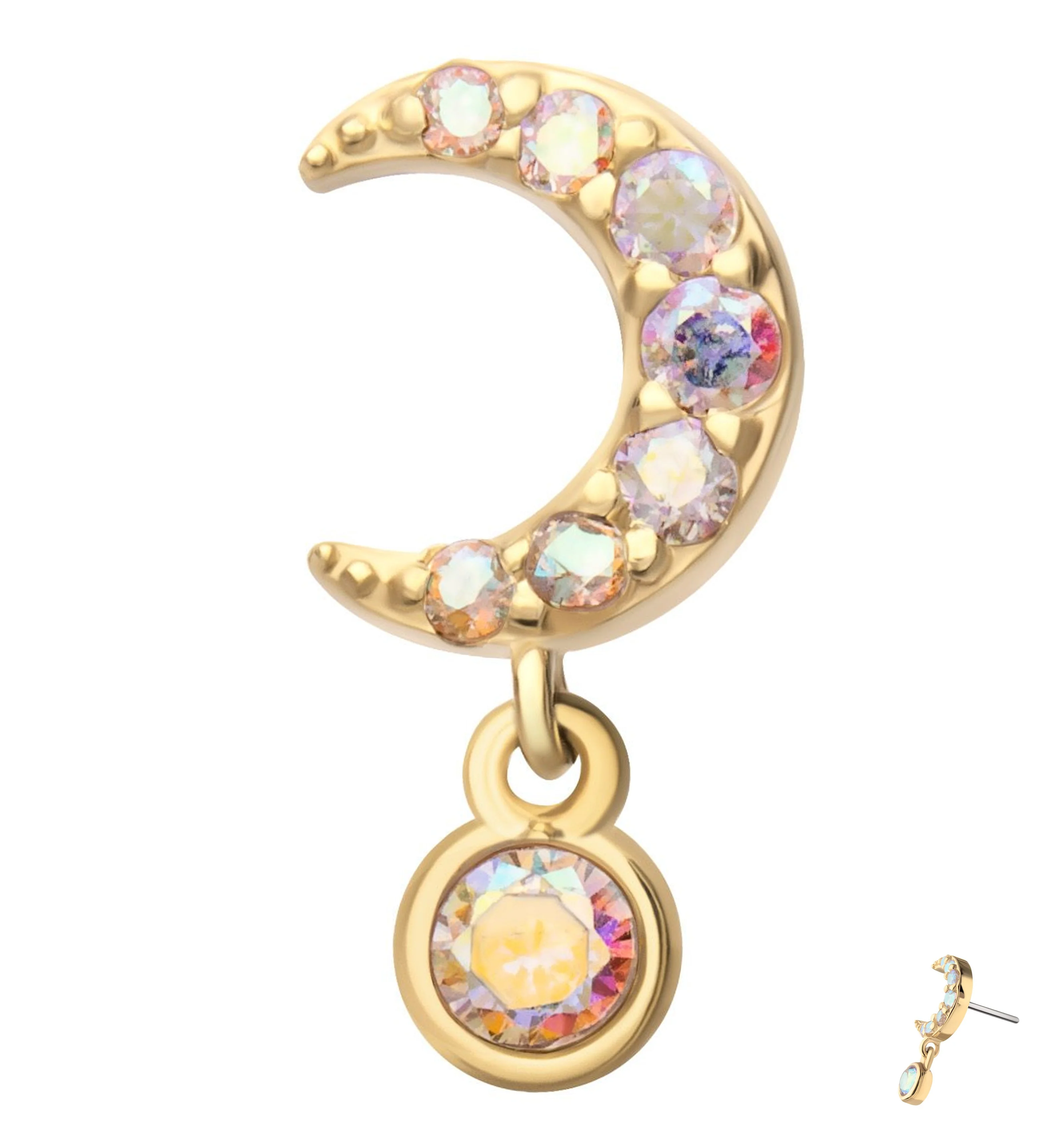 14kt Gold Half Moon Rainbow Aurora CZ Dangle Threadless Top - Mrs Treak