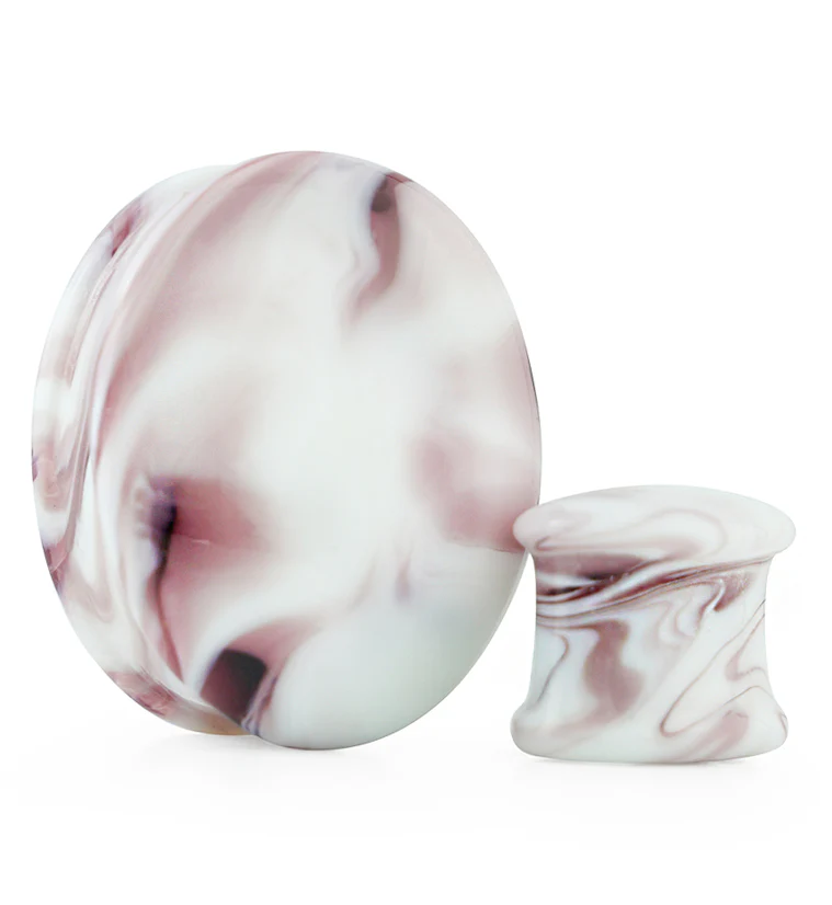 Oval Hazy Purple White Glass Double Flare Plugs - Mrs Treak