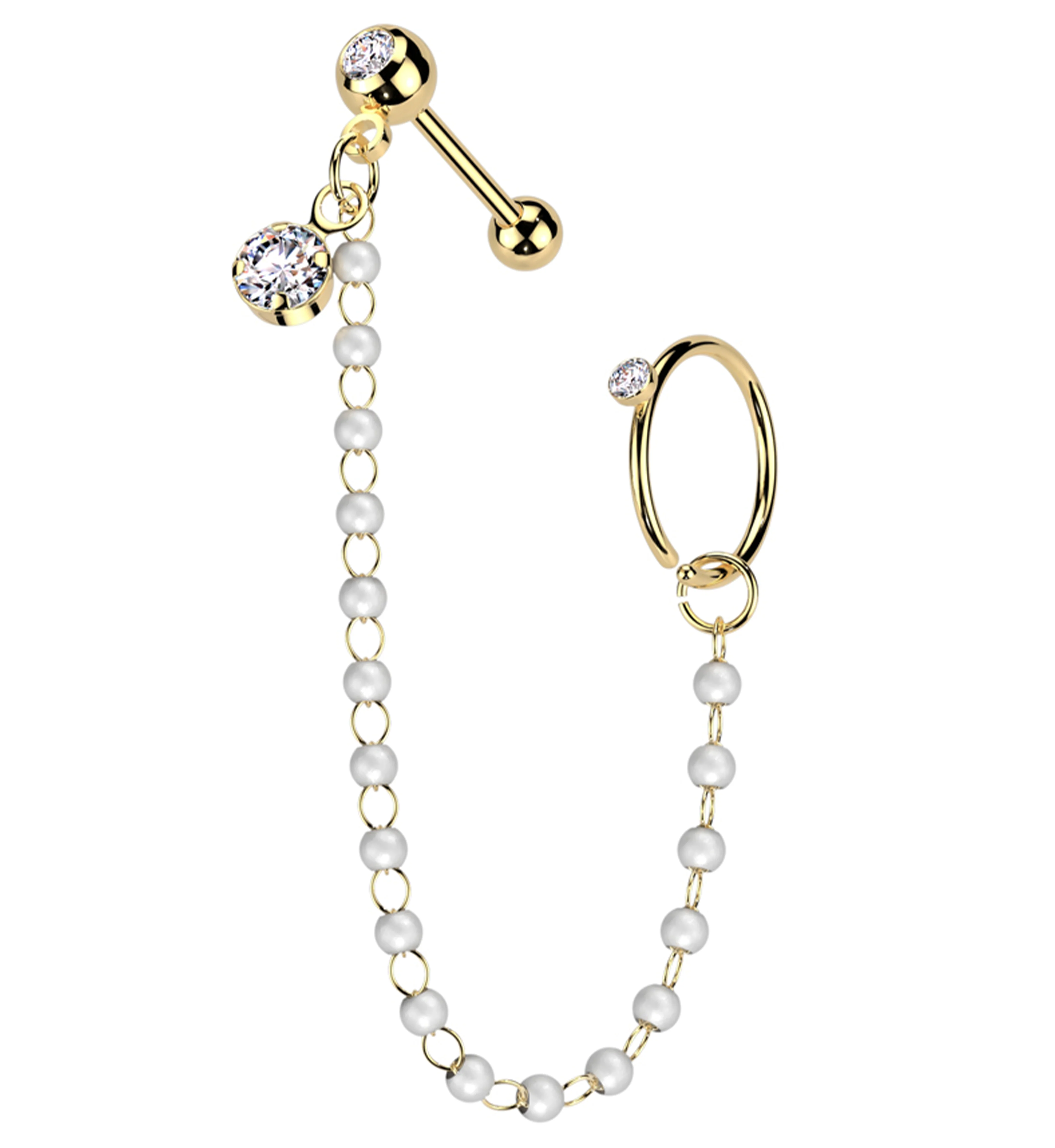 Gold PVD Hoop/Barbell Clear CZ Stainless Steel Mini Pearl Piercing Chain - Mrs Treak