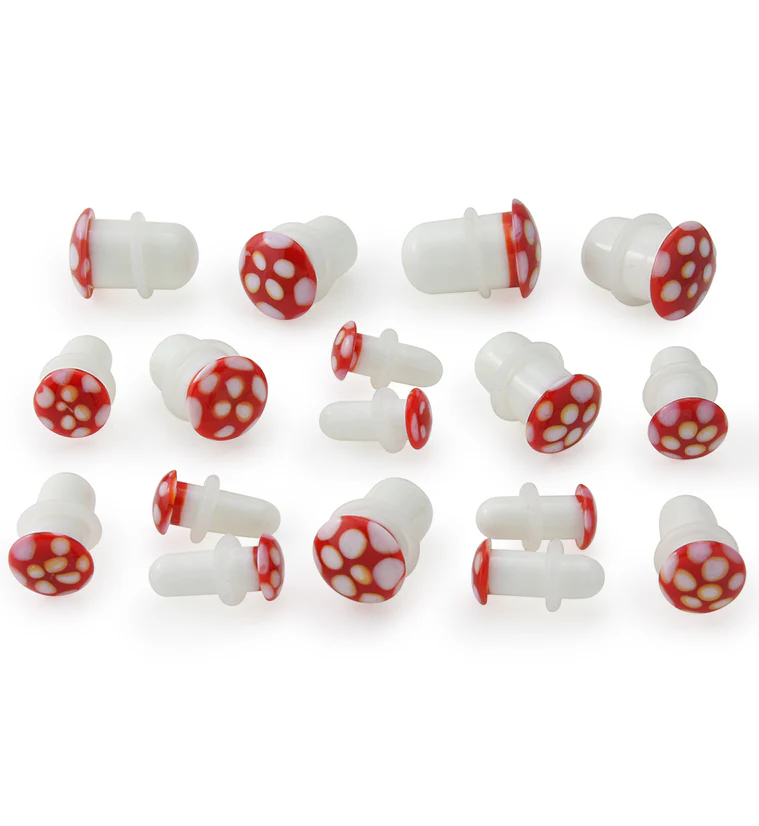 Red Spotted Mushroom Glass Single Flare Plugs - Mrs Treak