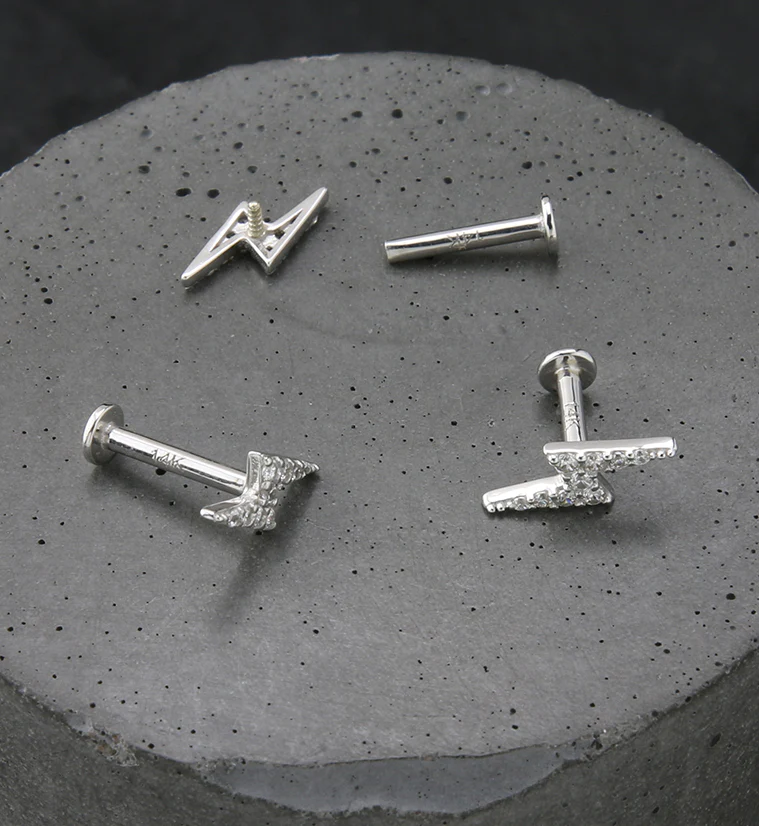 14kt White Gold Lightning Bolt CZ Internally Threaded Labret - Mrs Treak