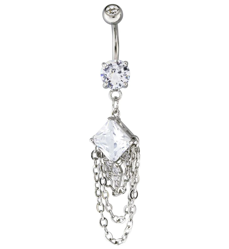 Square CZ Dangle Chain Belly Button Ring - Mrs Treak