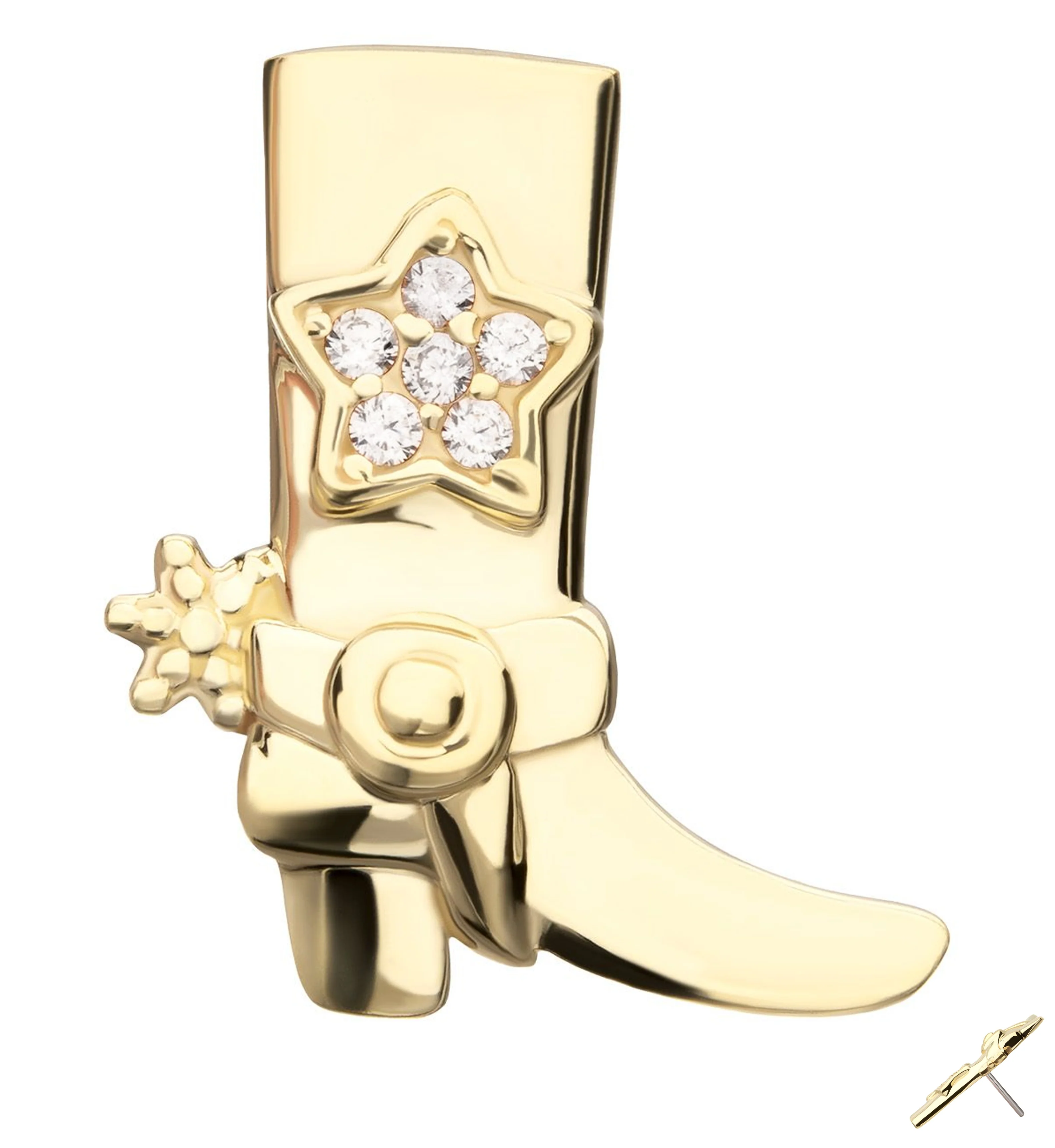 14kt Gold Cowboy Boot With Spur Star Clear CZ Threadless Top - Mrs Treak