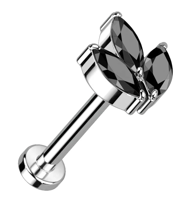 Black CZ Tri Sepal Titanium Threadless Labret - Mrs Treak