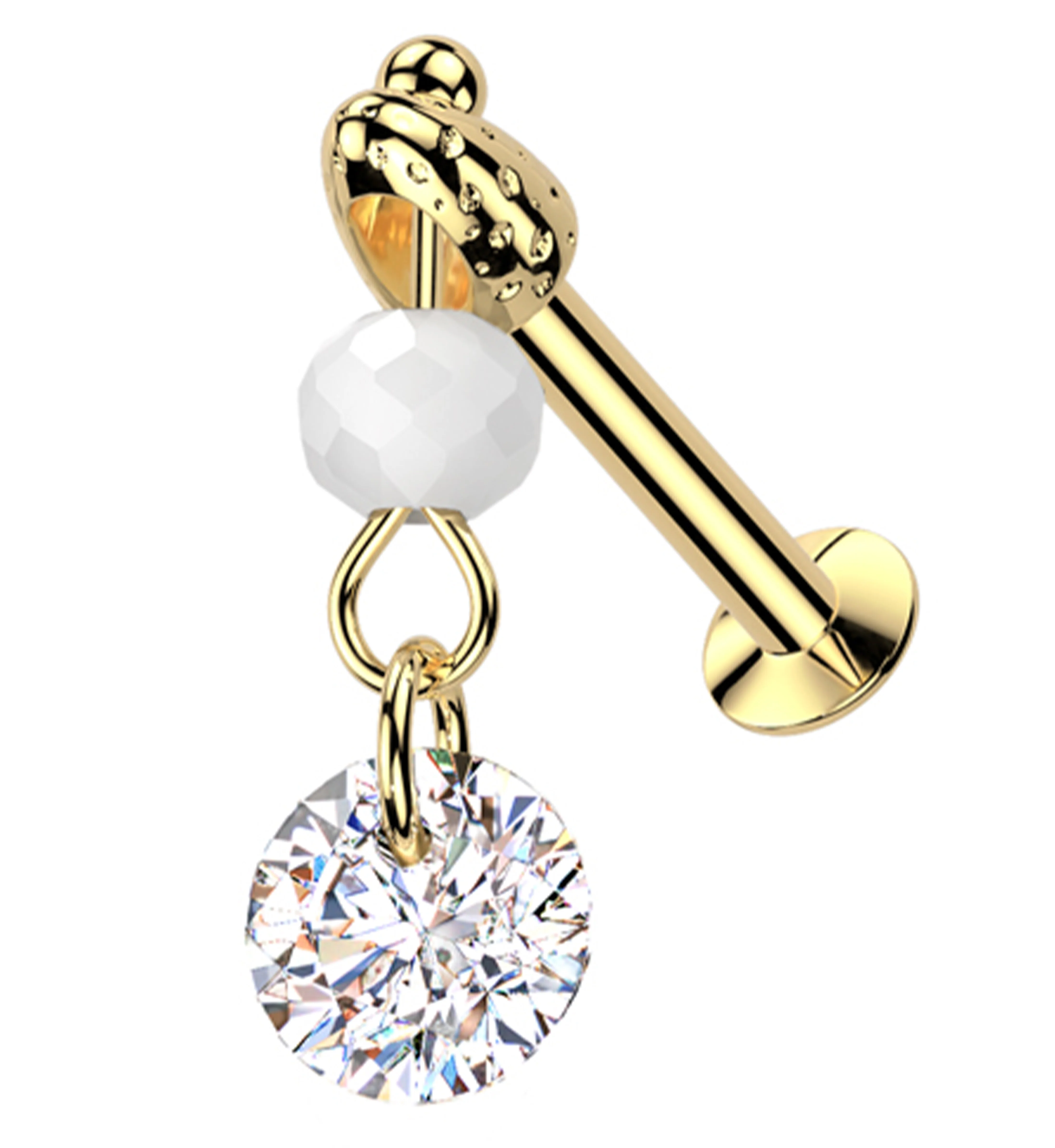 Gold PVD Faceted Bead Clear CZ Dangle Stainless Steel Convex Back Threadless Labret - Mrs Treak