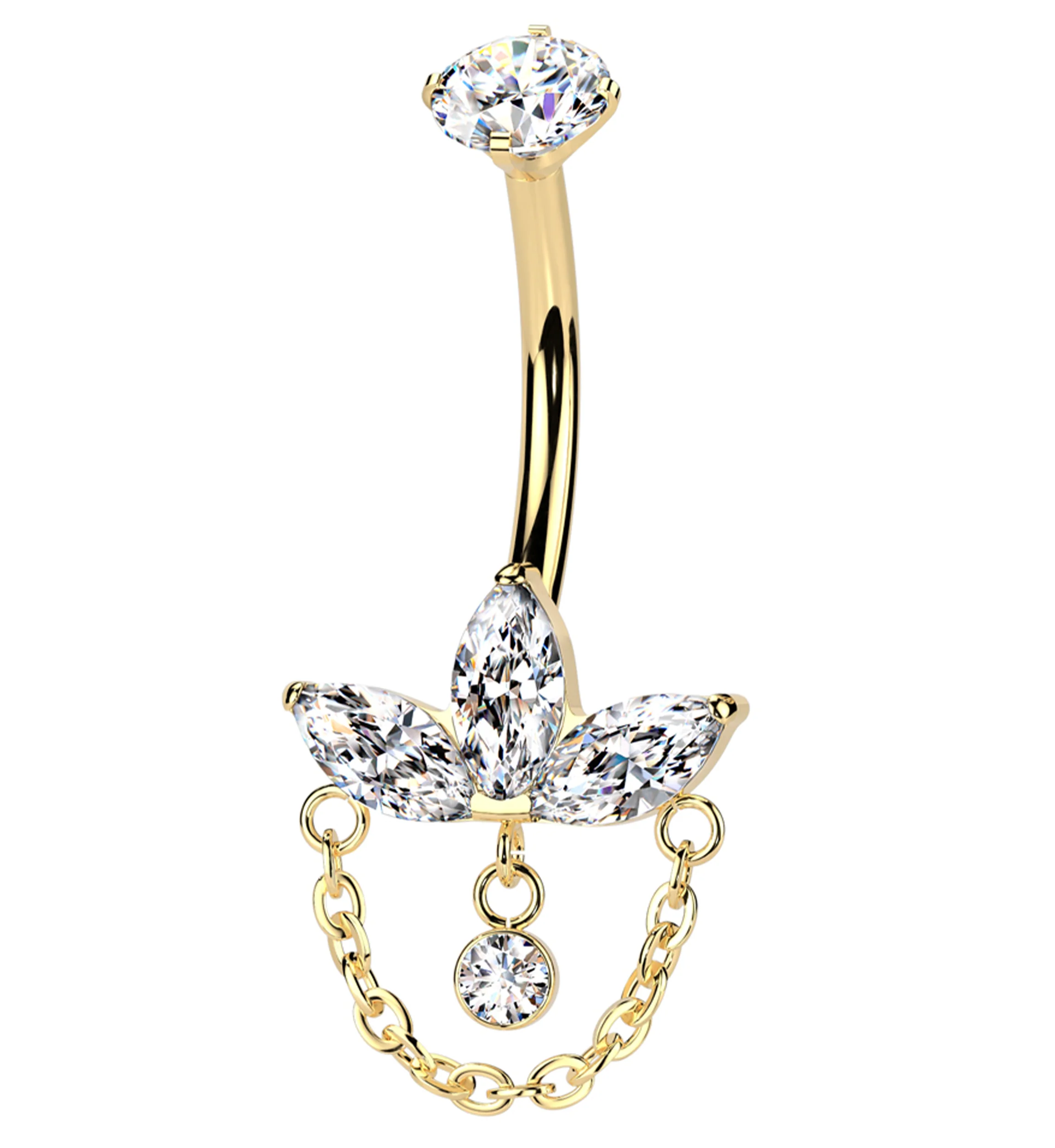 Gold PVD Empress Clear CZ Dangle Chain Titanium Internally Threaded Belly Button Ring - Mrs Treak