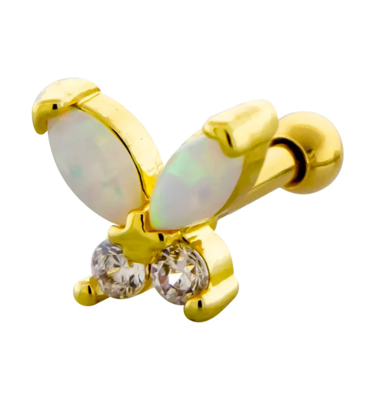 Gold PVD Butterfly CZ White Opalite Cartilage Barbell - Mrs Treak