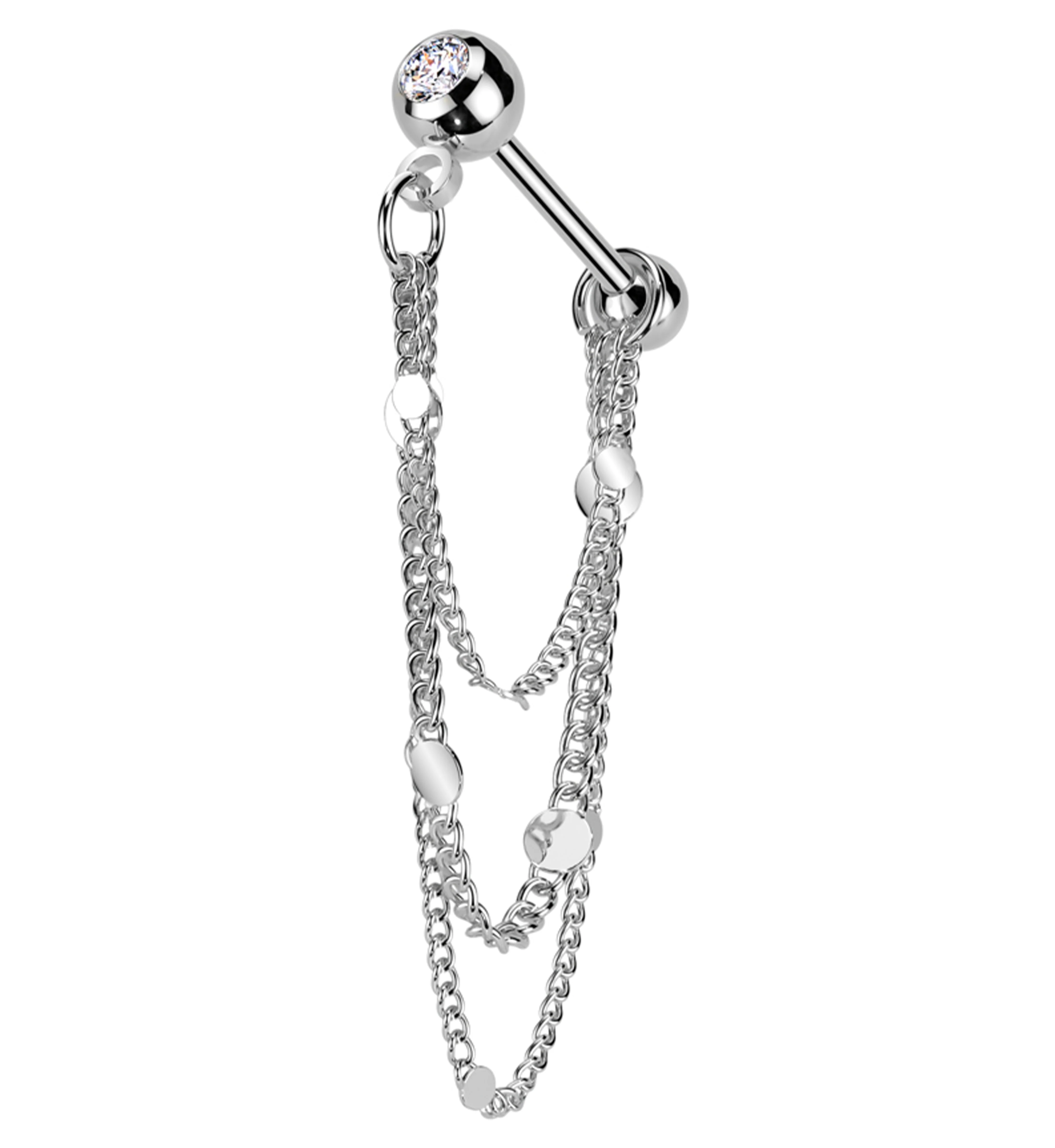 Clear CZ Stainless Steel Flat Disk Dangle Triple Chain - Mrs Treak