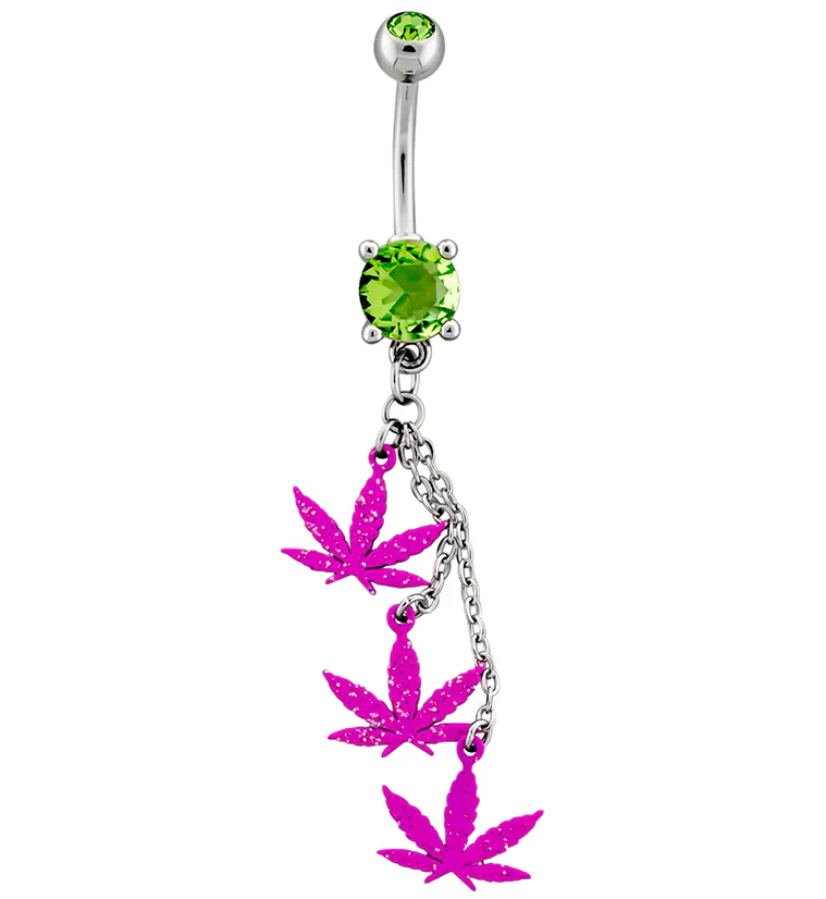 Dangling Triple Pink Hemp Leaf Green CZ Stainless Steel Belly Button Ring - Mrs Treak