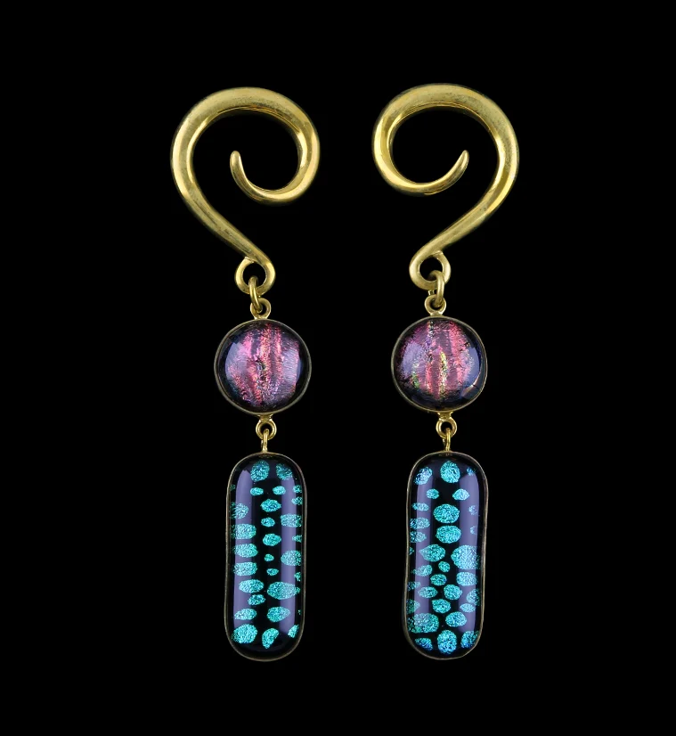Pink & Green Polka Double Dichroic Plane Glass Brass Ear Weights - Mrs Treak