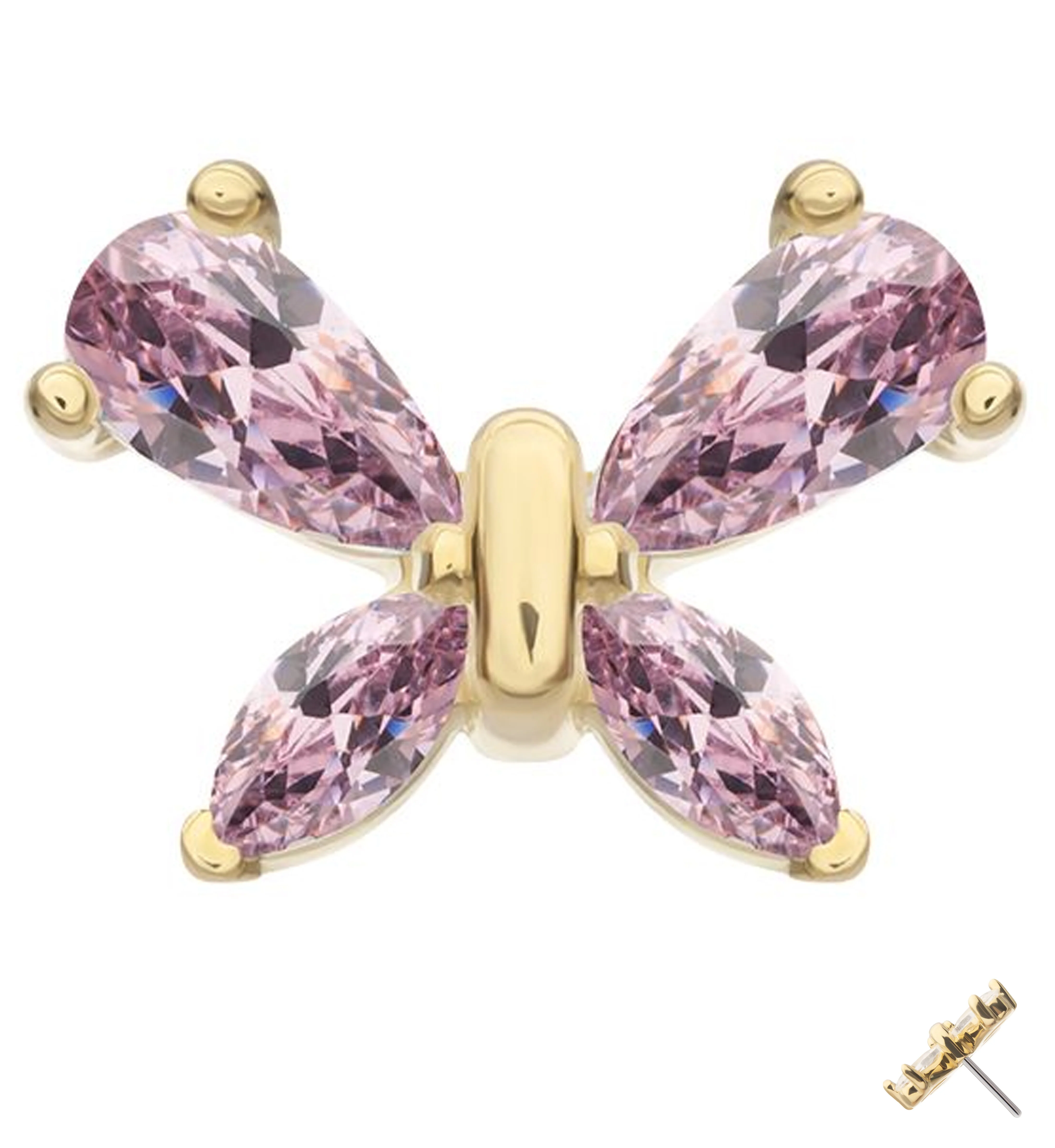 14kt Gold Marquise Butterfly Pink CZ Threadless Top - Mrs Treak