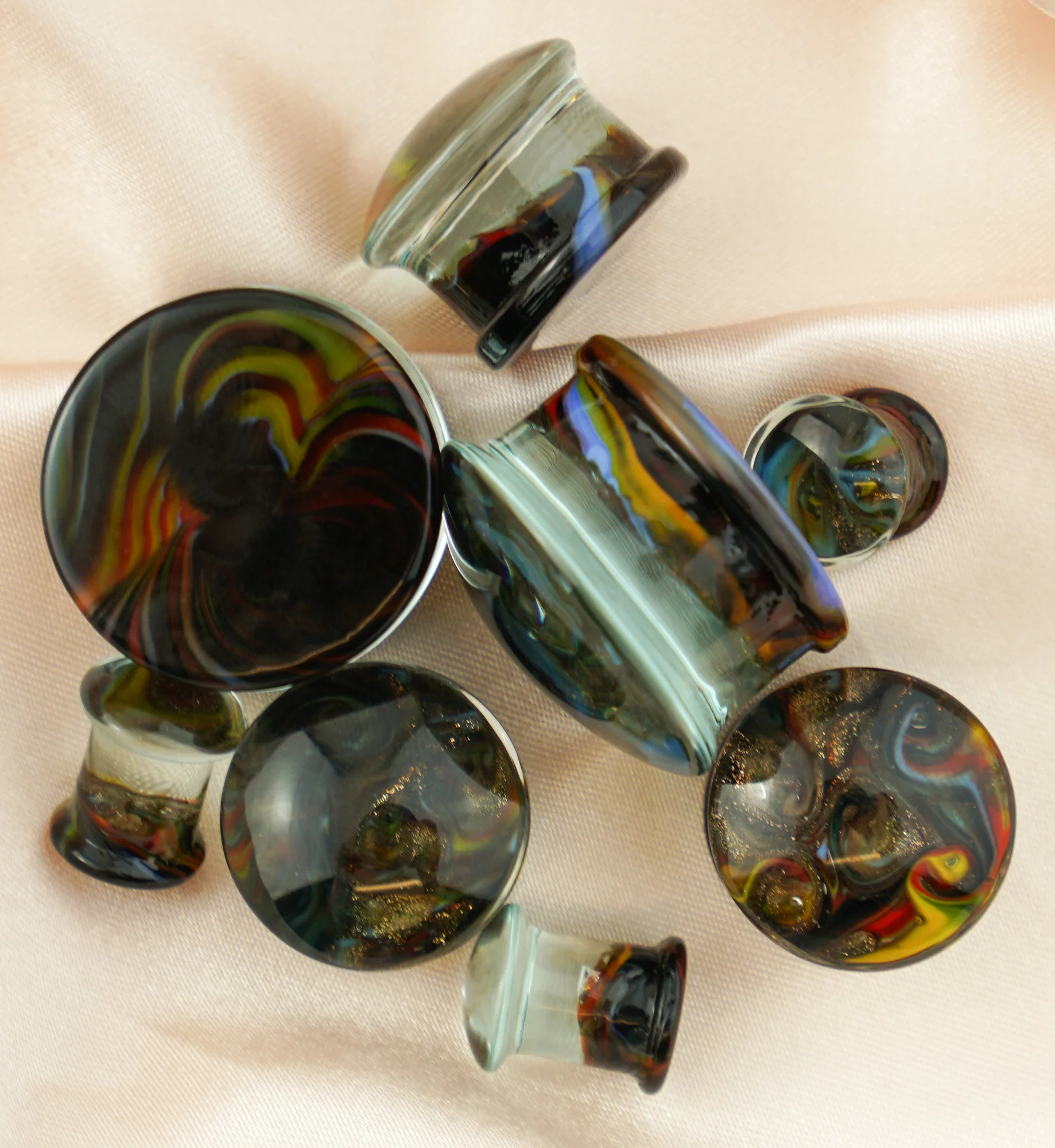 Rainbow Swirl Glass Double Flare Plugs - Mrs Treak