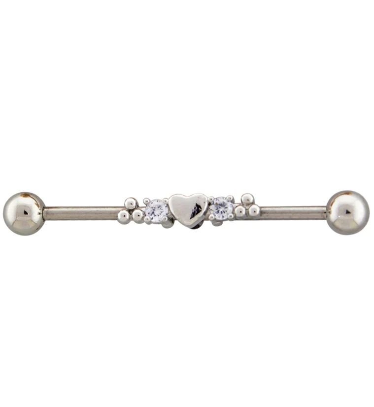 Beaded Heart CZ Industrial Barbell - Mrs Treak