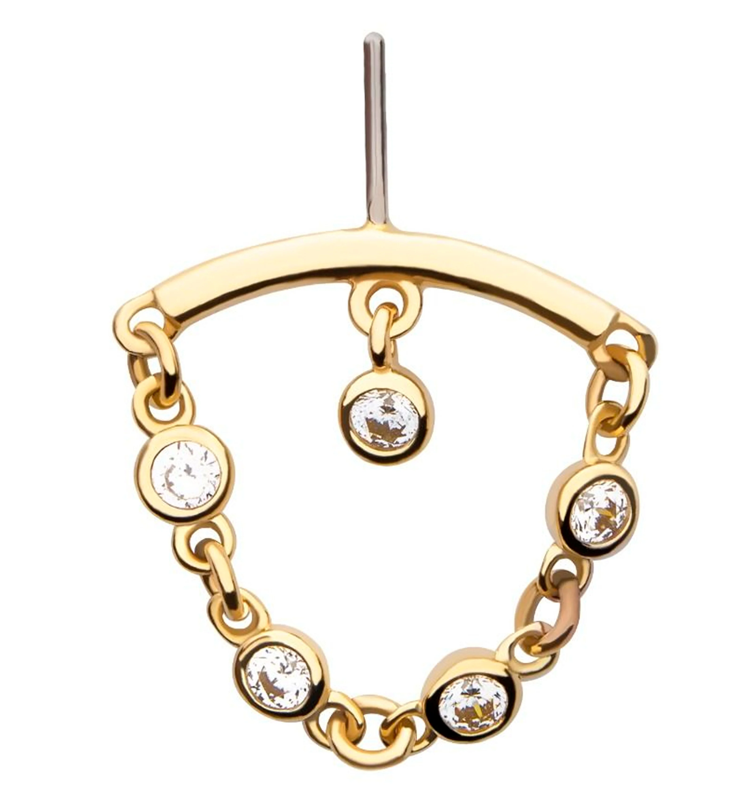 14kt Gold Hidden Curved Bar Floating Clear CZ Dangle Chain Threadless Top - Mrs Treak