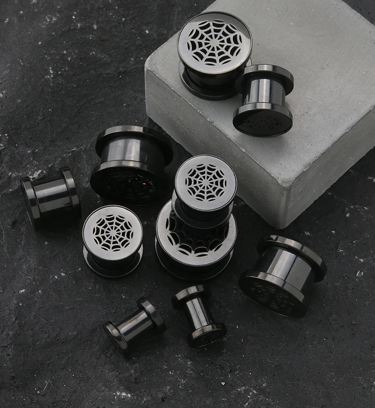 Black Spider Web Stainless Steel Tunnel Plugs - Mrs Treak