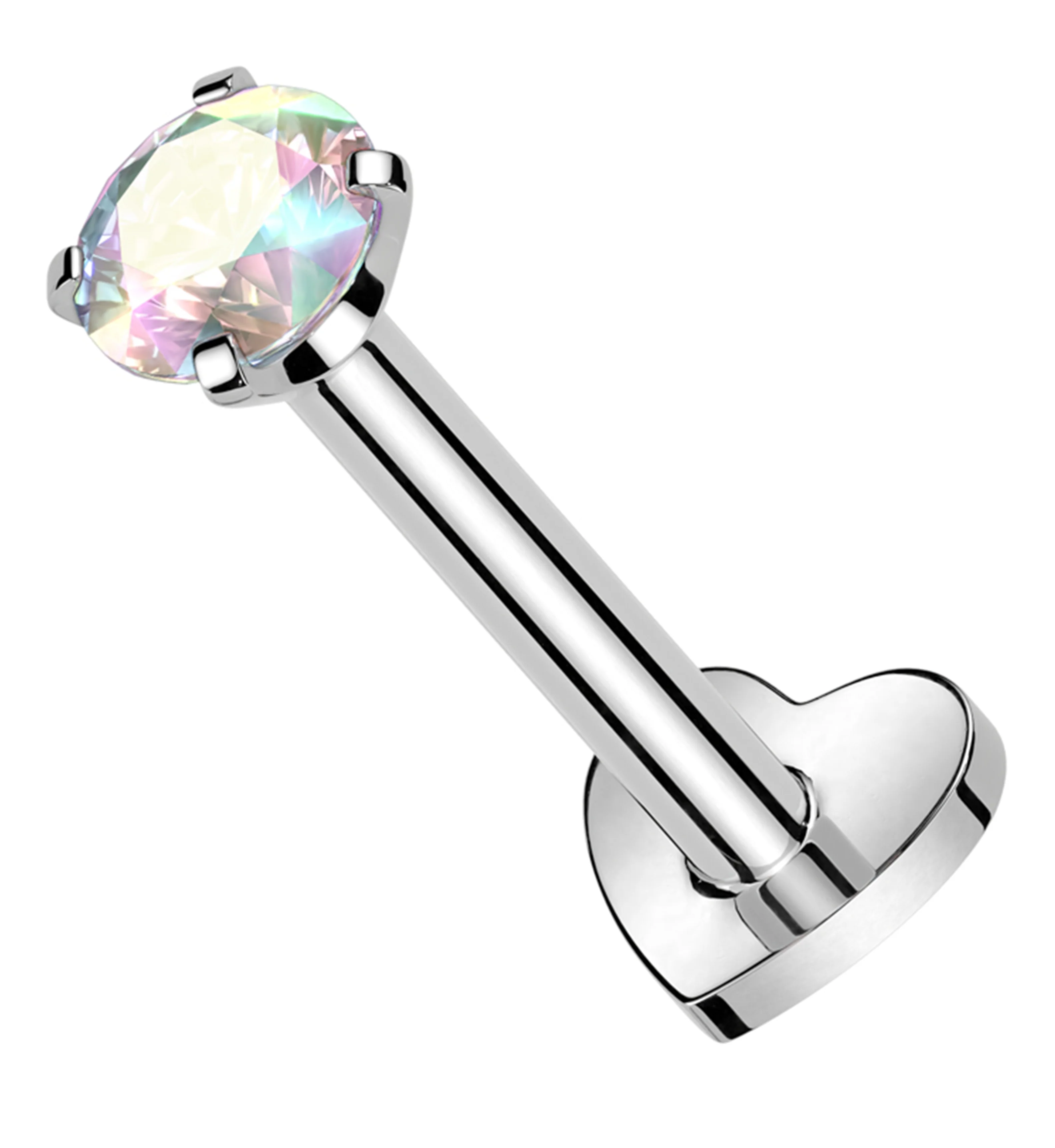 Prong Rainbow Aurora CZ Internally Threaded Titanium Heart Disk Labret - Mrs Treak
