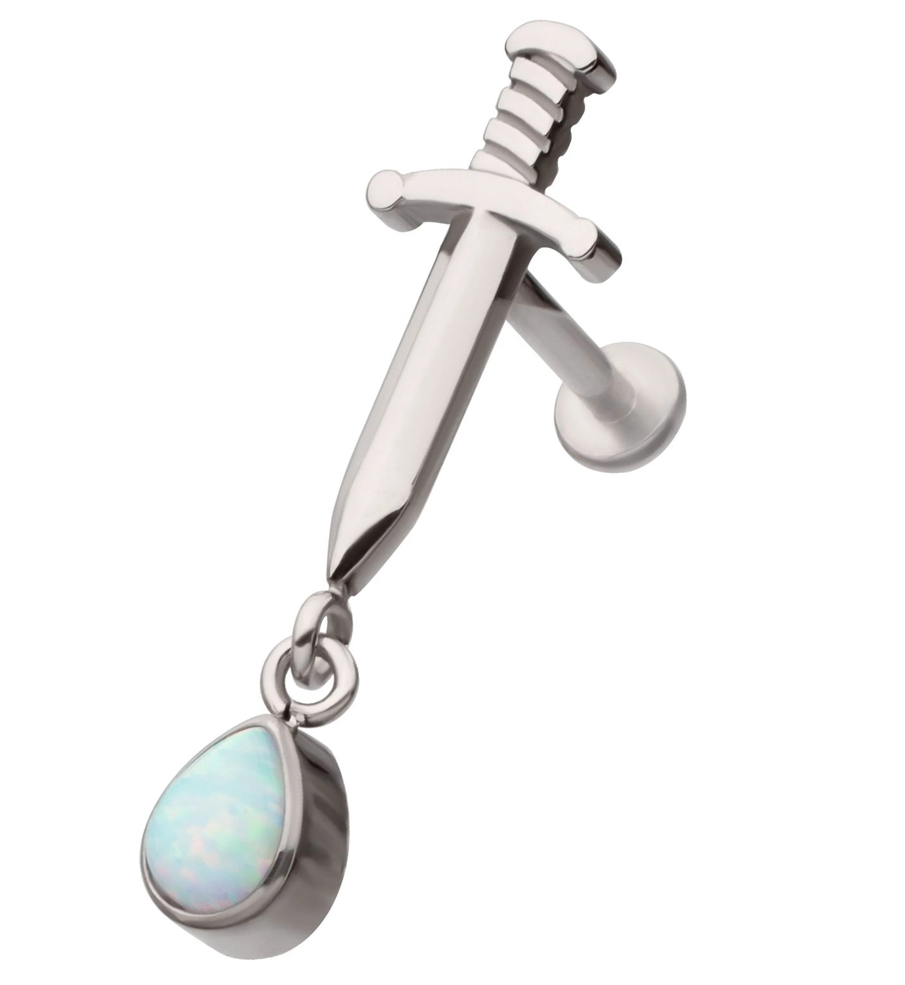 Dagger Dangle Teardrop White Opalite Stainless Steel Internally Threaded Labret - Mrs Treak