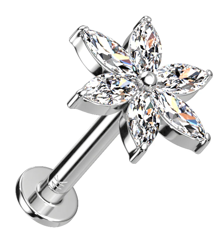 14kt White Gold Flower CZ Threadless Labret - Mrs Treak