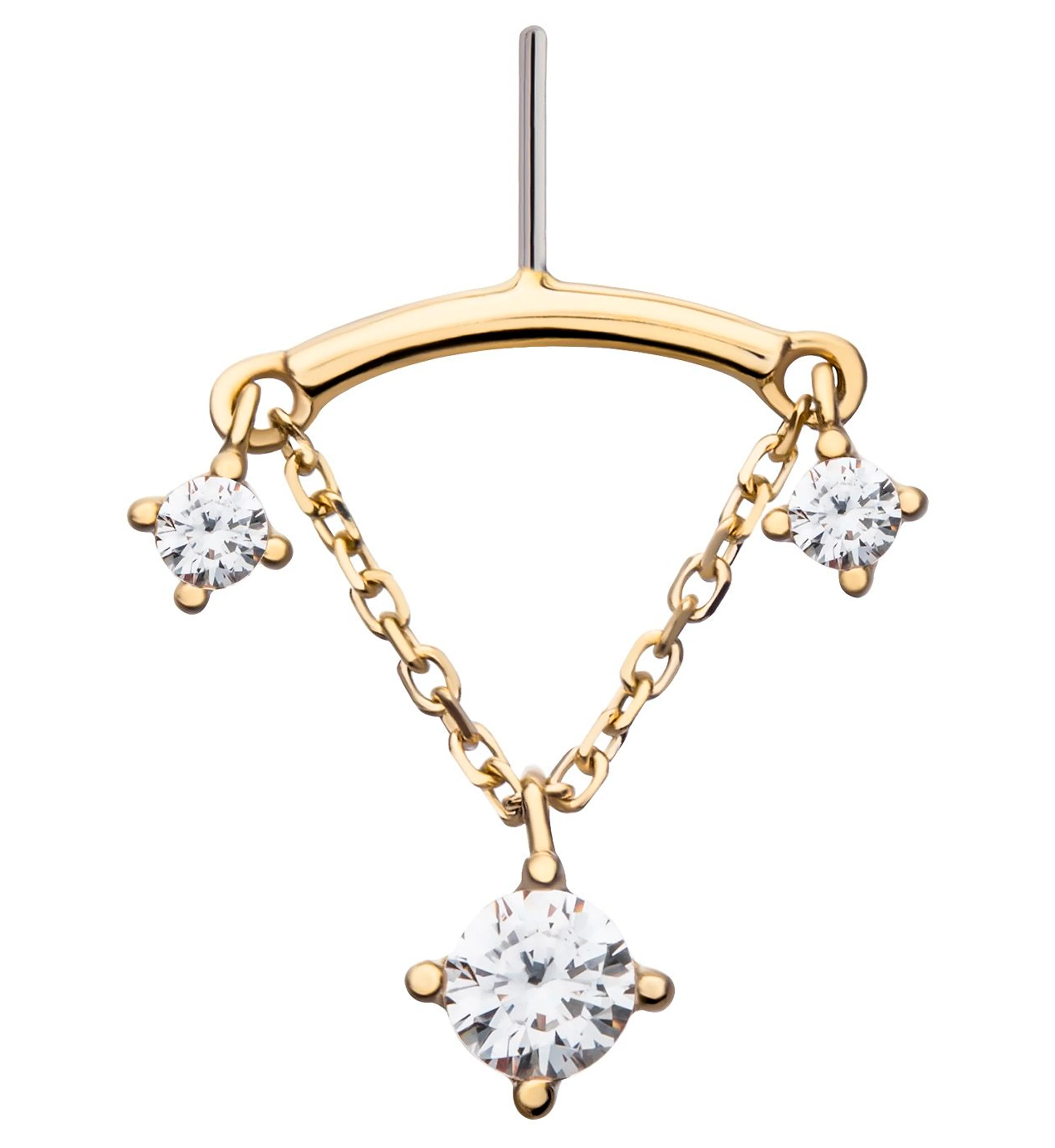 14kt Gold Hidden Curved Bar Triple Clear CZ Dangle Chain Threadless Top - Mrs Treak