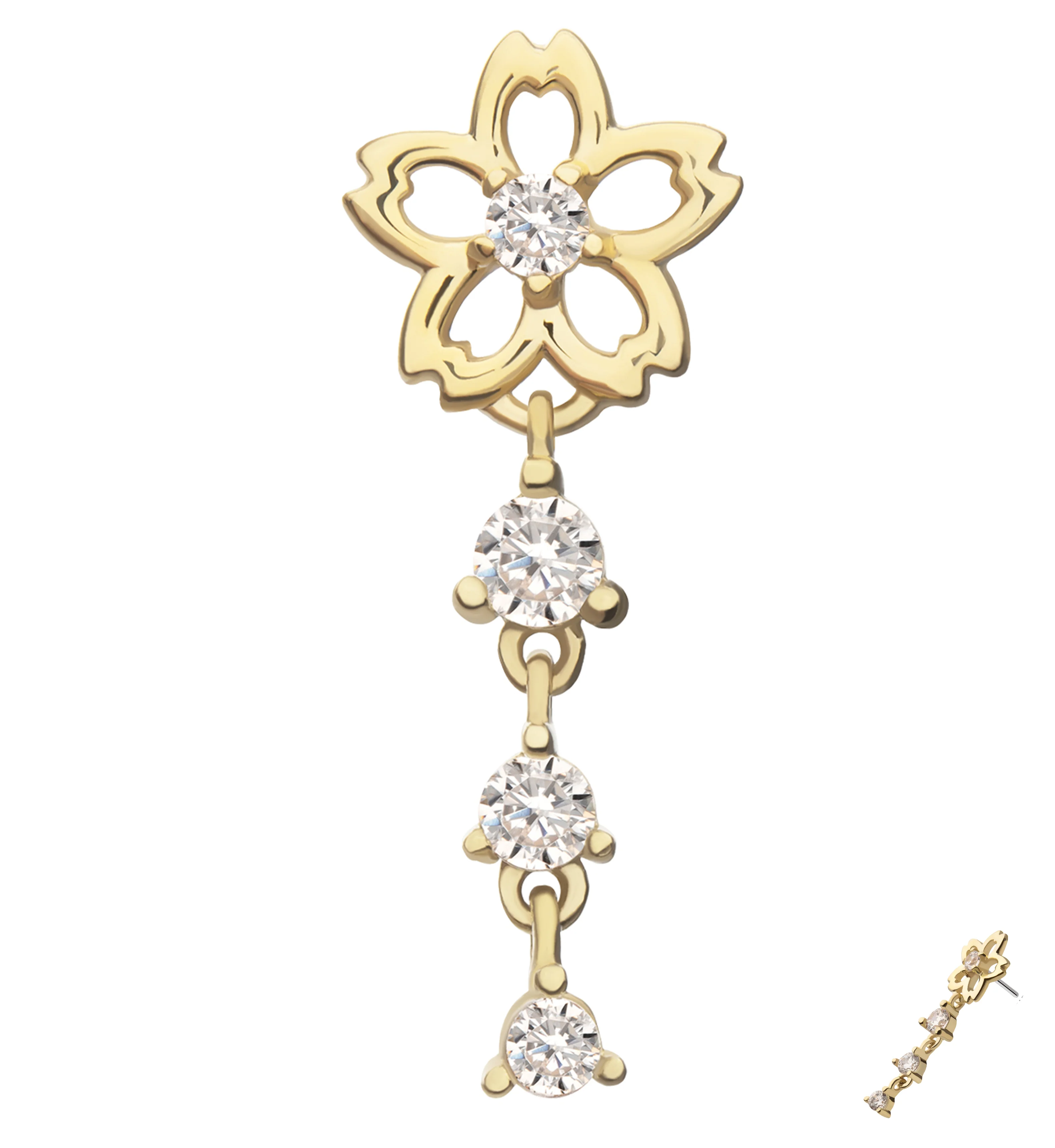 14kt Gold Floral Cutout Blossom Triple Clear CZ Dangle Threadless Top - Mrs Treak