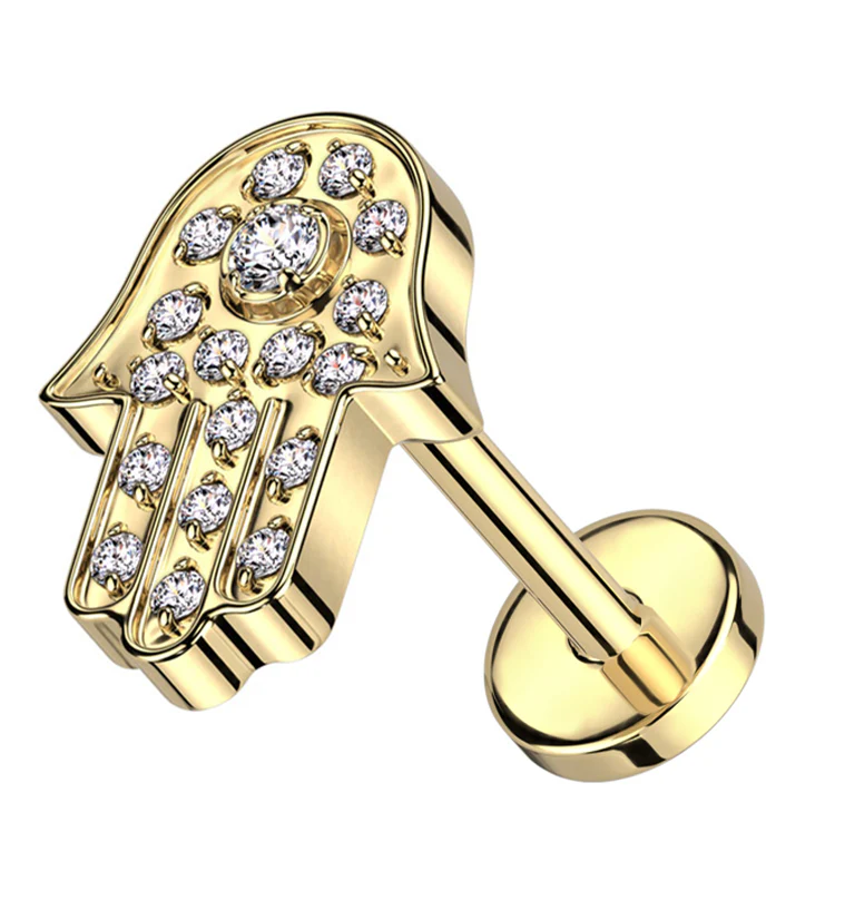 Gold PVD Hamsa Hand Clear CZ Threadless Titanium Labret - Mrs Treak