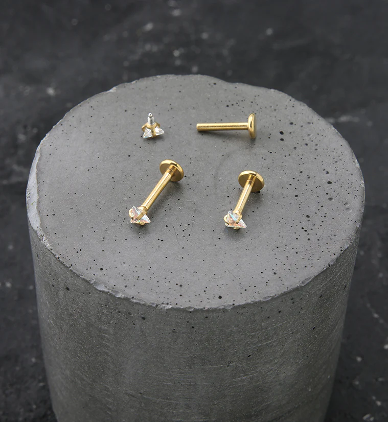 Triangle Rainbow Aurora CZ Gold PVD Stainless Steel Internally Threaded Labret - Mrs Treak