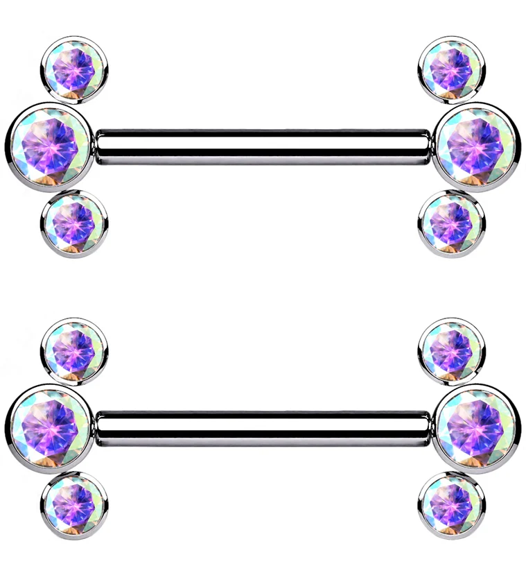 Rainbow Aurora Cluster CZ Threadless Titanium Nipple Bars - Mrs Treak