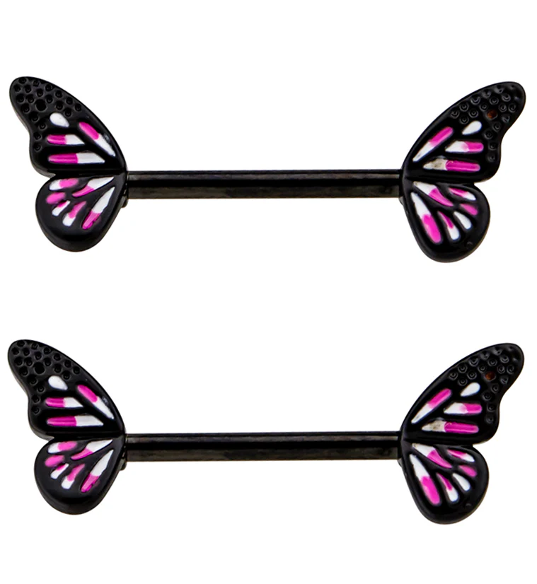 Black PVD Pink Butterfly Wing Stainless Steel Nipple Barbell - Mrs Treak