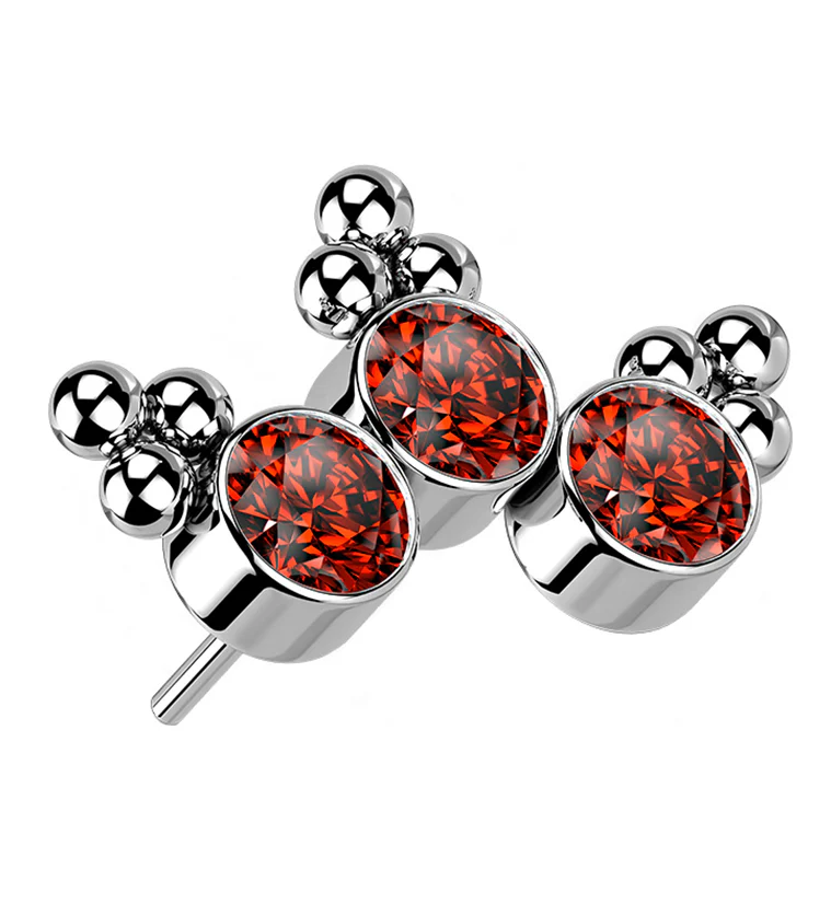 Triple Beaded Red CZ Curve Titanium Threadless Top - Mrs Treak