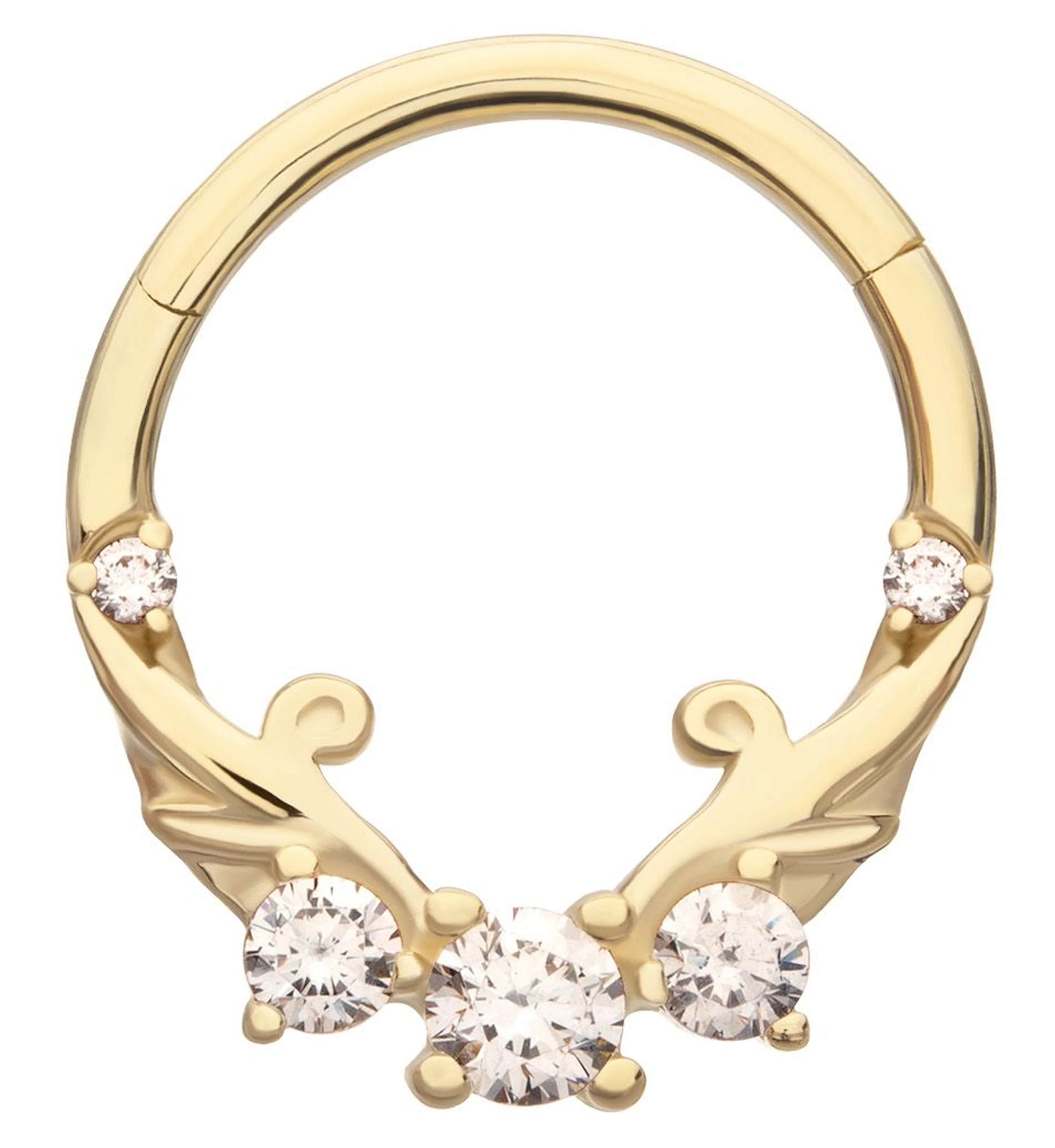 14kt Gold Swirling Vine Clear CZ Hinged Segment Ring - Mrs Treak