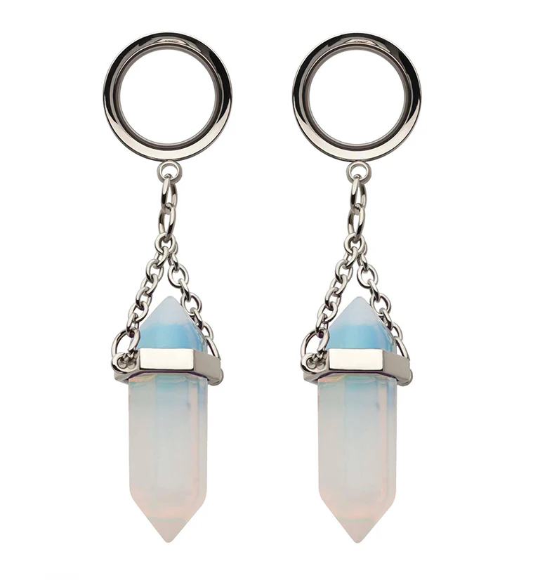 White Opalite Crystal Dangle Stainless Steel Tunnel Plugs - Mrs Treak