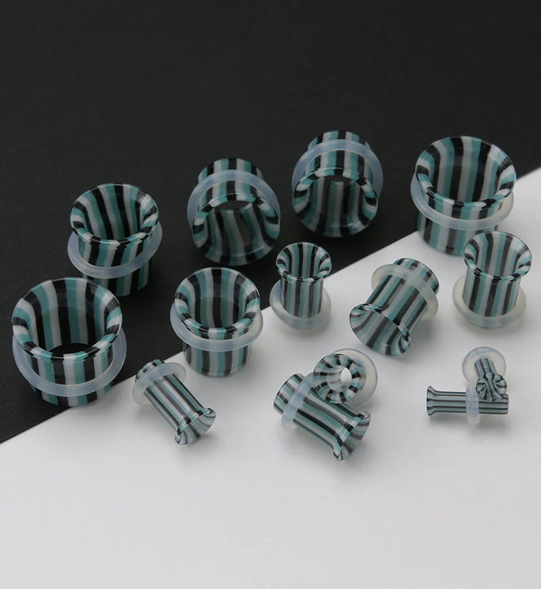 Ocean Stripe Glass Tunnel Plugs - Single Flare - Mrs Treak