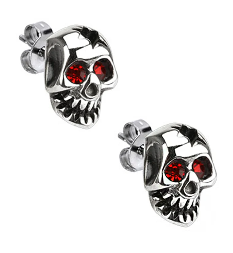 Busted Skull Red CZ Stainless Steel Stud Earrings - Mrs Treak