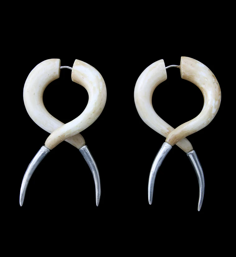 Fake Gauge Crossing Tapers Bone Tribal Earrings - Mrs Treak