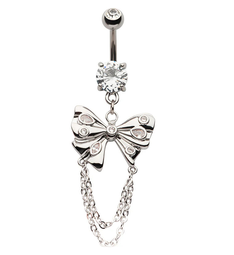 Butterfly Bow Double Dangle Chain Stainless Steel Belly Button Ring - Mrs Treak