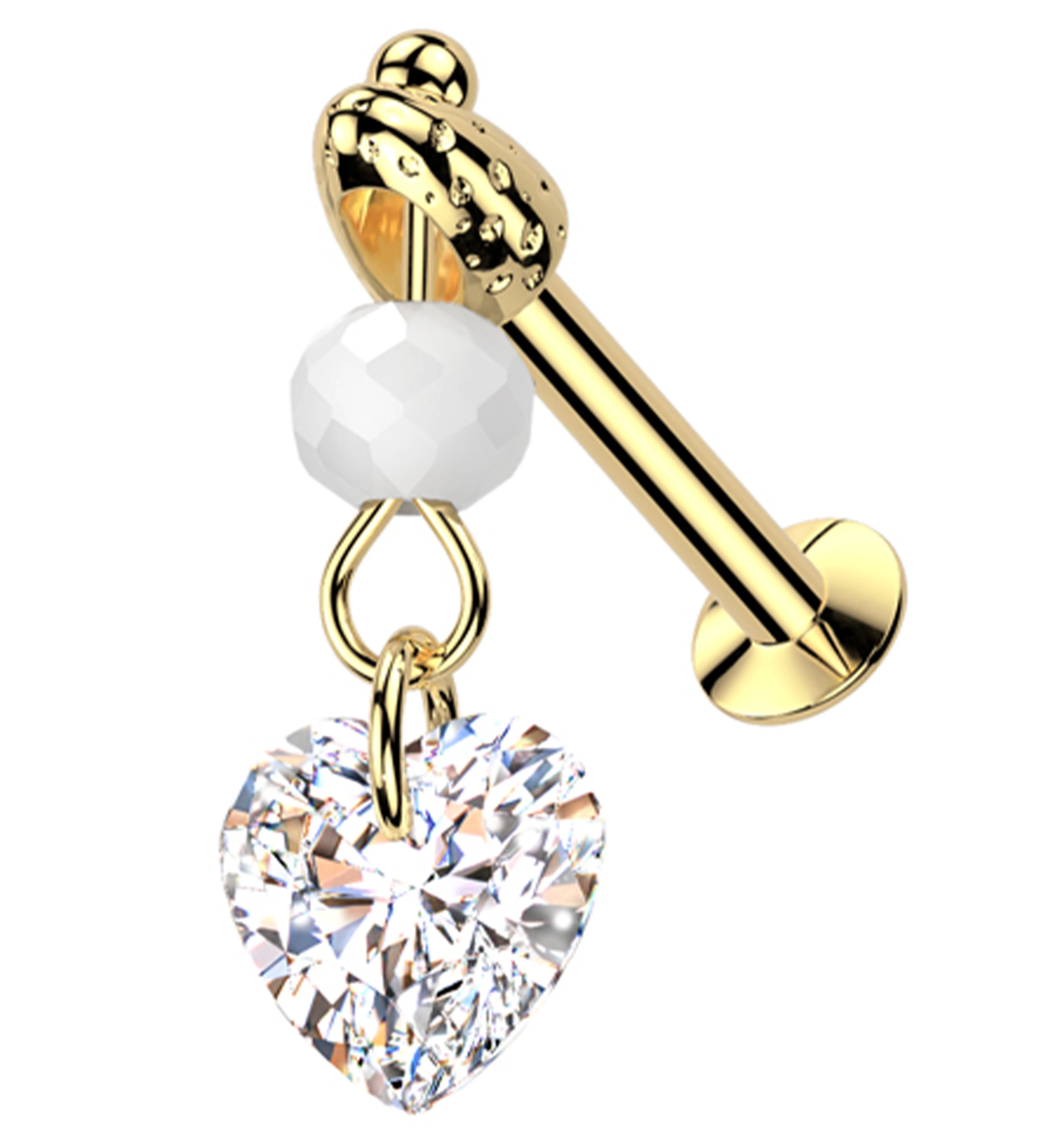 Gold PVD Faceted Bead Heart CZ Dangle Stainless Steel Convex Disc Threadless Labret - Mrs Treak