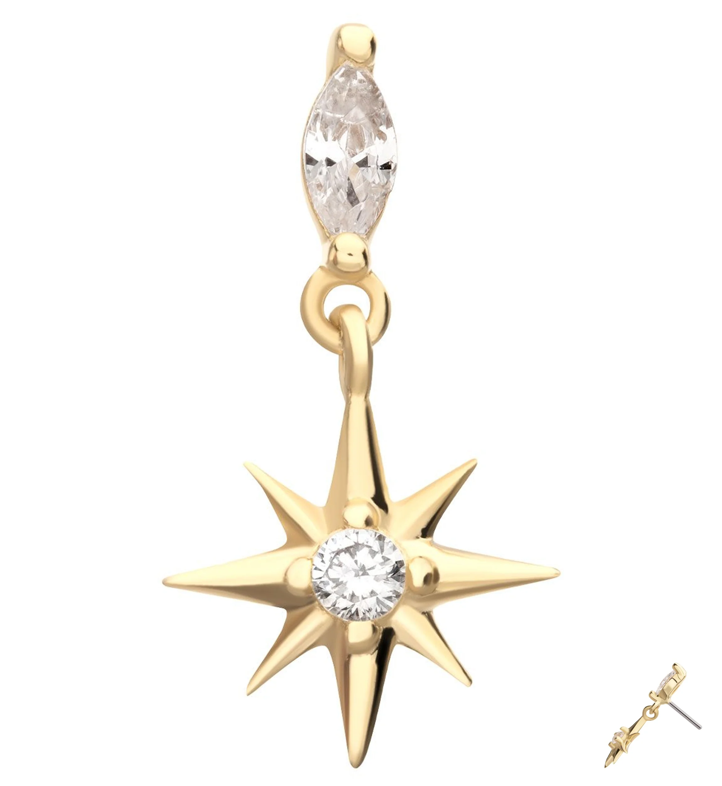 14kt Gold North Star Dangle Clear CZ Threadless Top - Mrs Treak