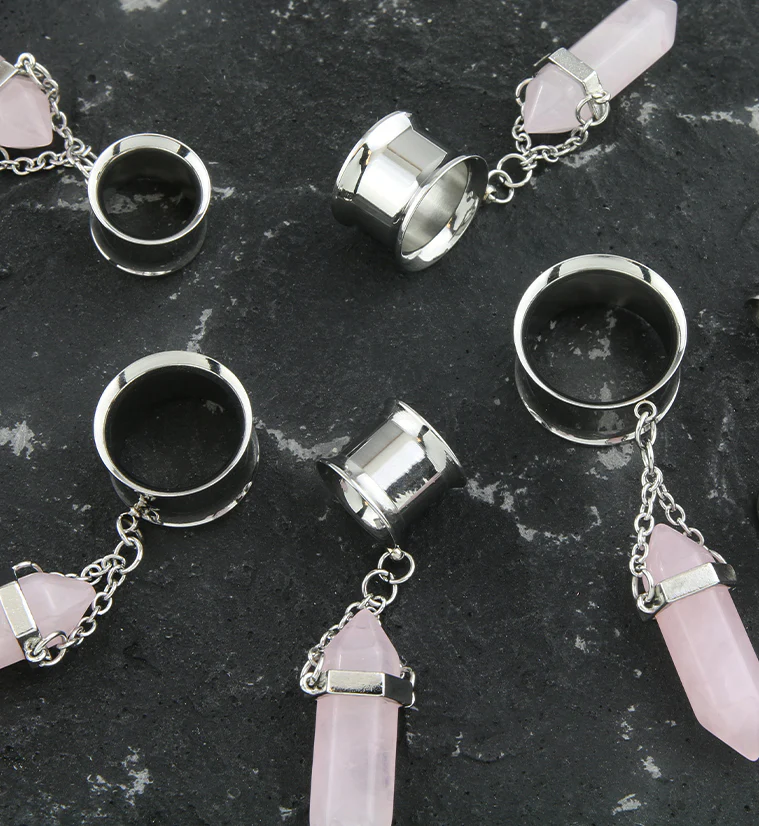 Rose Quartz Crystal Dangle Stainless Steel Tunnel Plugs - Mrs Treak