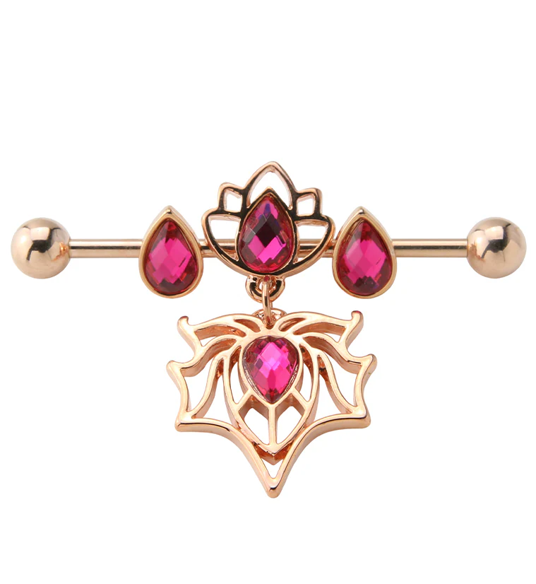 Rose Gold PVD Lotus Spider Pink CZ Industrial Barbell - Mrs Treak