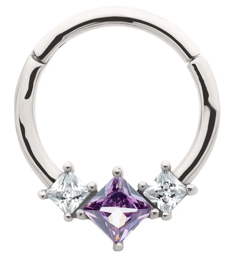 Triple Square Amethyst And Clear CZ Stainless Steel Hinged Segment Ring - Mrs Treak