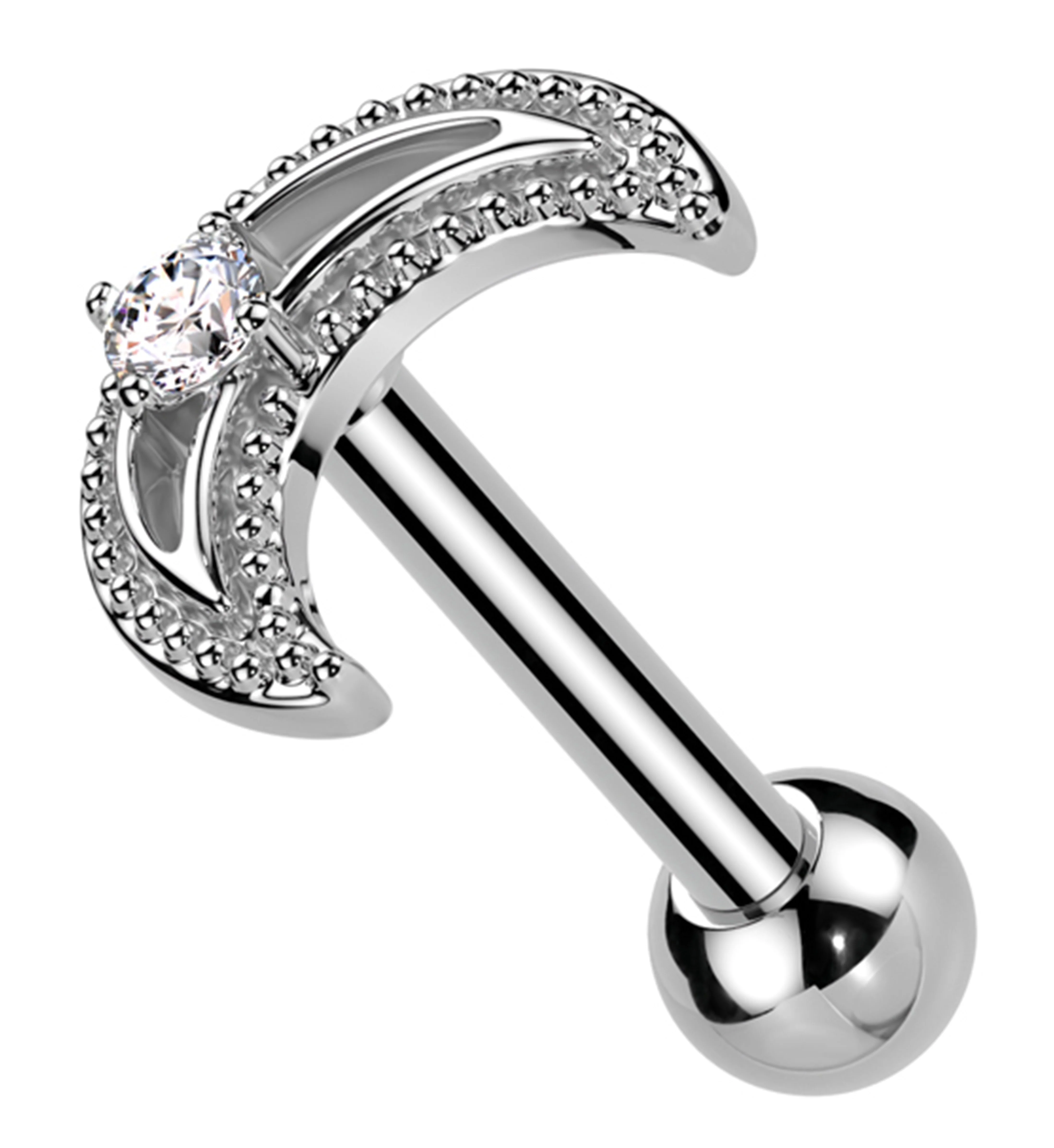 Beaded Half Moon Clear CZ Cartilage Barbell - Mrs Treak