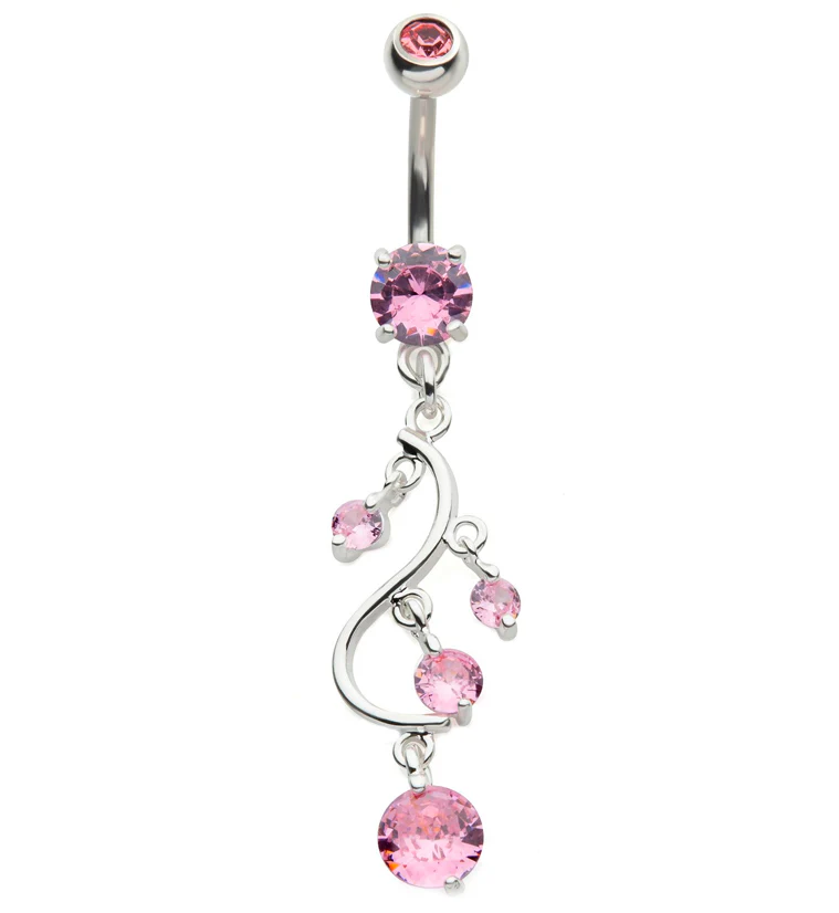 Candelabrum Pink CZ Dangle Stainless Steel Belly Button Ring - Mrs Treak