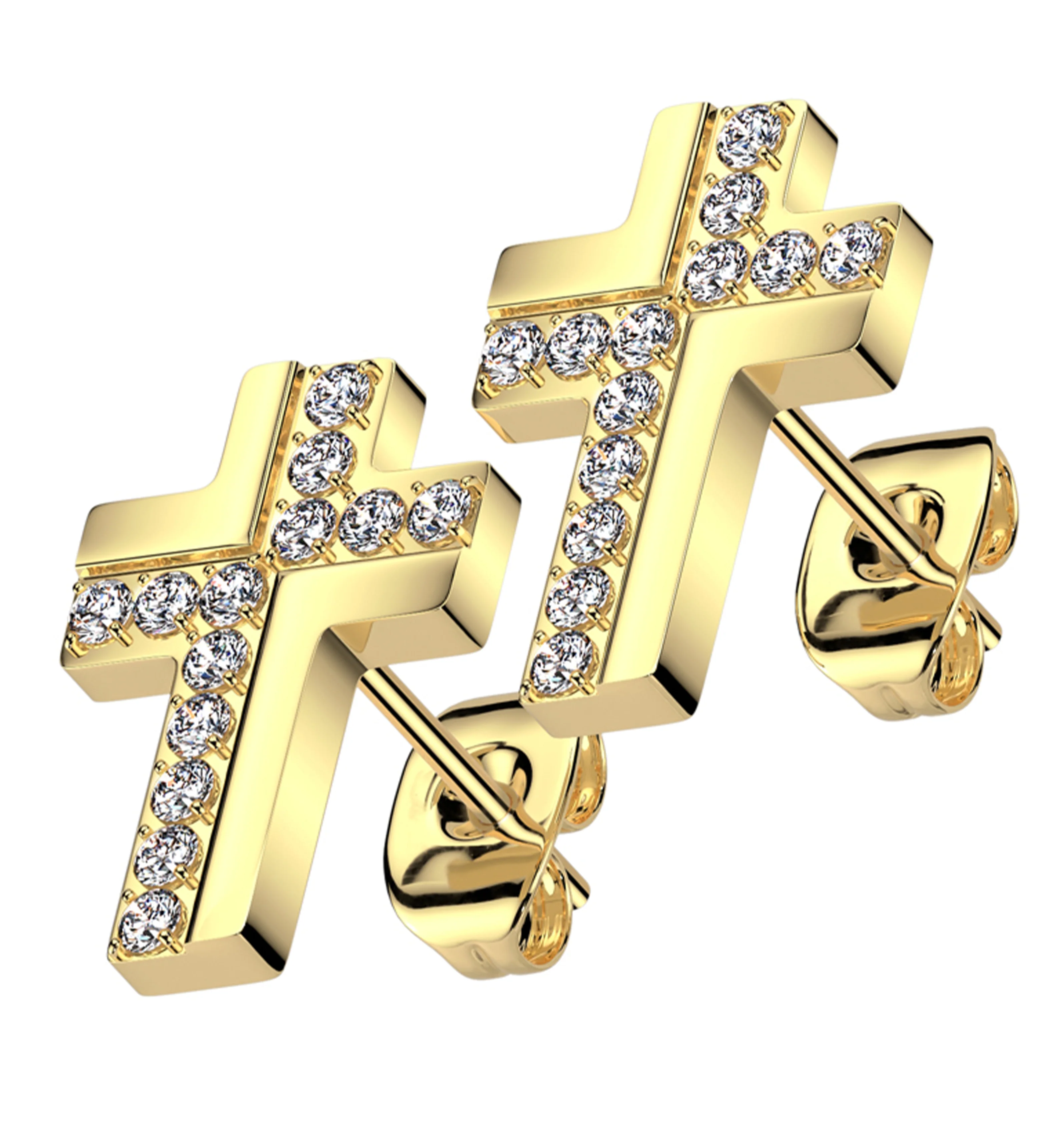 Gold PVD Abstract Cross Clear CZ Stainless Steel Stud Earrings - Mrs Treak