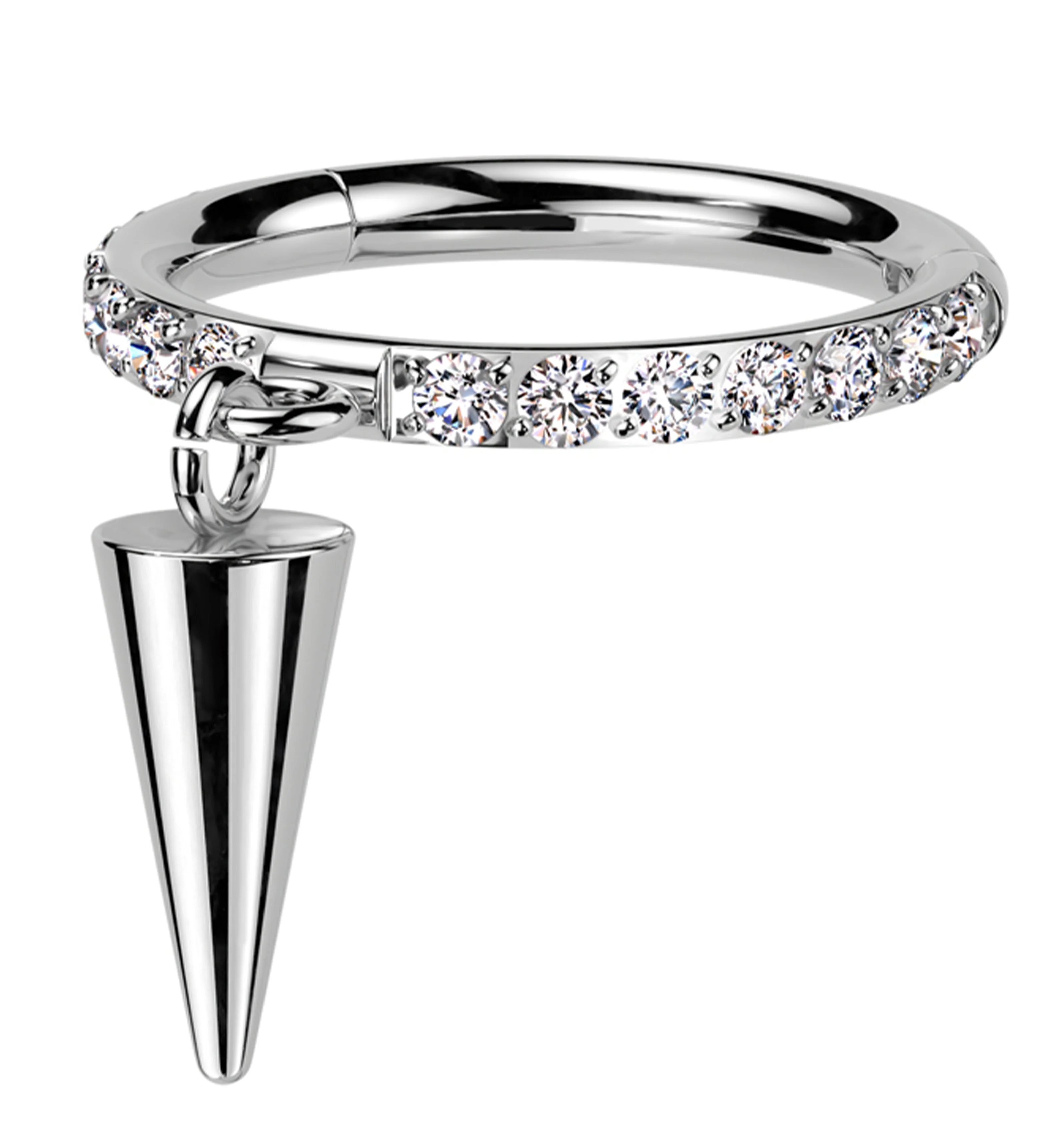 Side Facing Cone Dangle Clear CZ Row Titanium Hinged Segment Ring - Mrs Treak