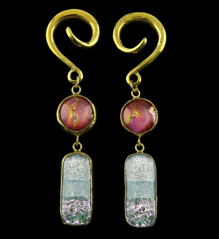 Frozen Plum Double Oblong Dichroic Glass Brass Ear Weights - Mrs Treak