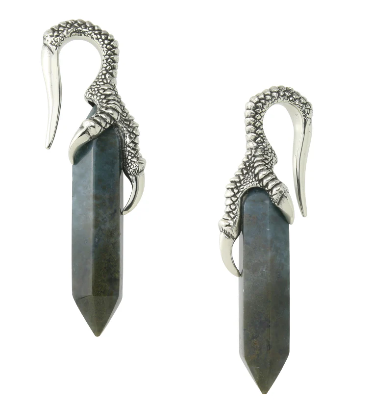 Green Moss Agate Raven Claw White Brass Ear Weights - Mrs Treak